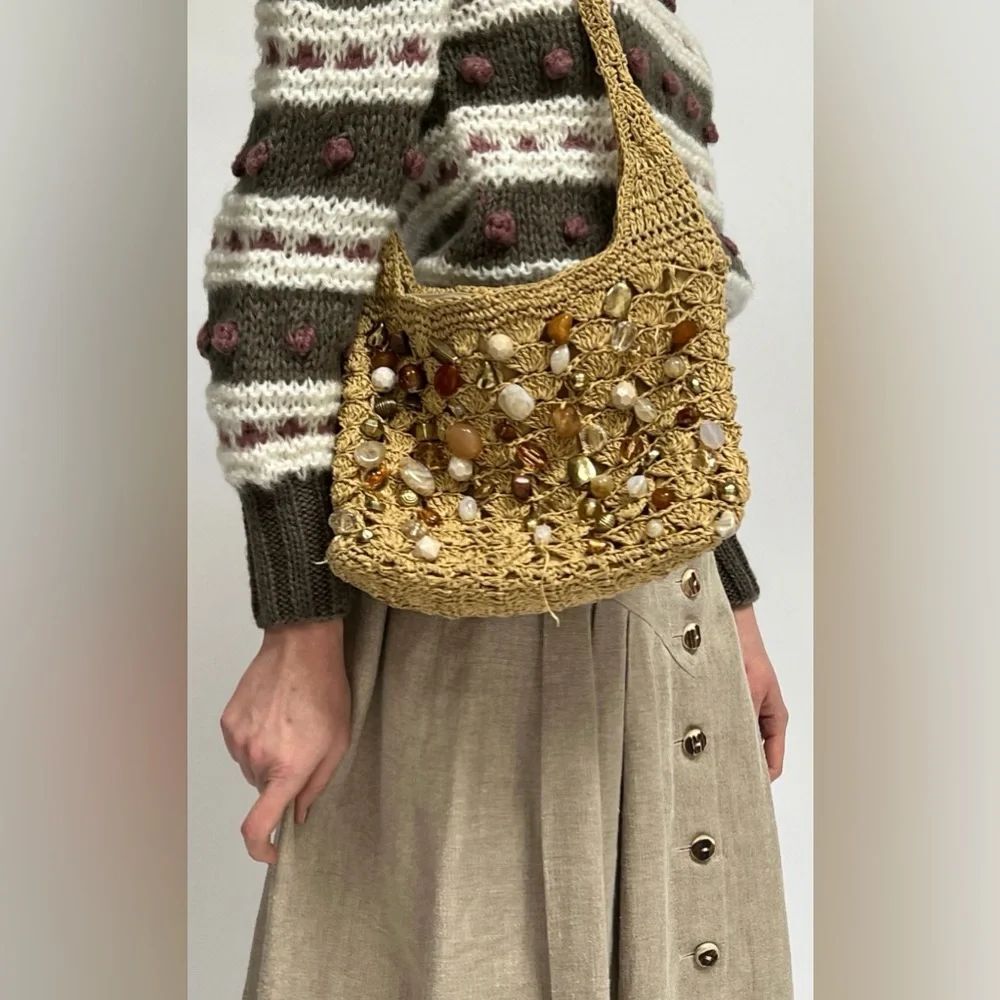 Capelli of New York Beige Crochet Shoulder Bag